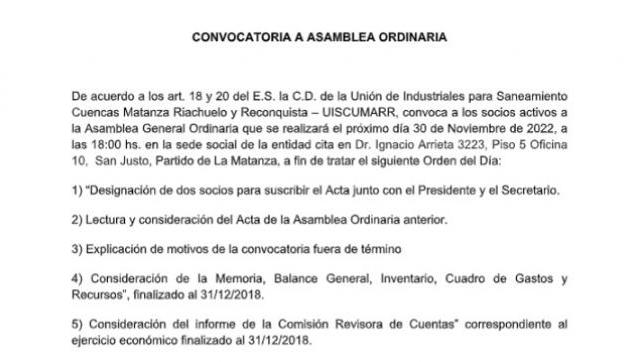 CONVOCATORIA A ASAMBLEA ORDINARIA