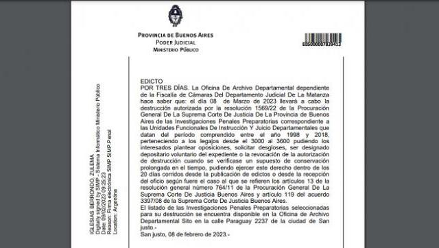 La Oficina De Archivo Departamental dependiente de la Fiscalía de Cámaras Del Departamento Judicial De La Matanza hace saber que: